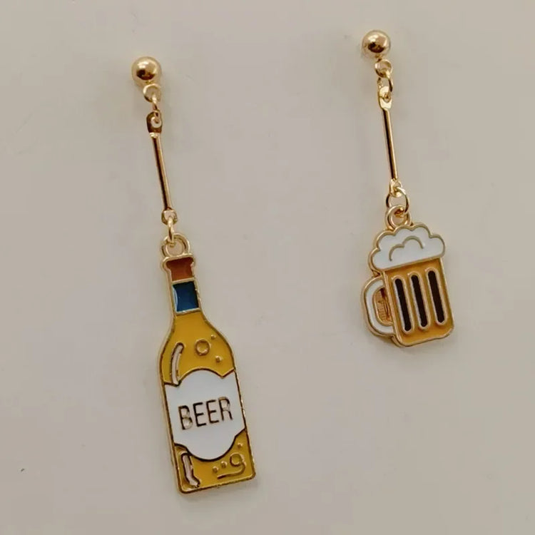 Wine Earrings, Beer Earrings, Handmade Asymmetric Earrings Jewelry Mini Food Jewelry Gifts for Wine and Beer Lovers
