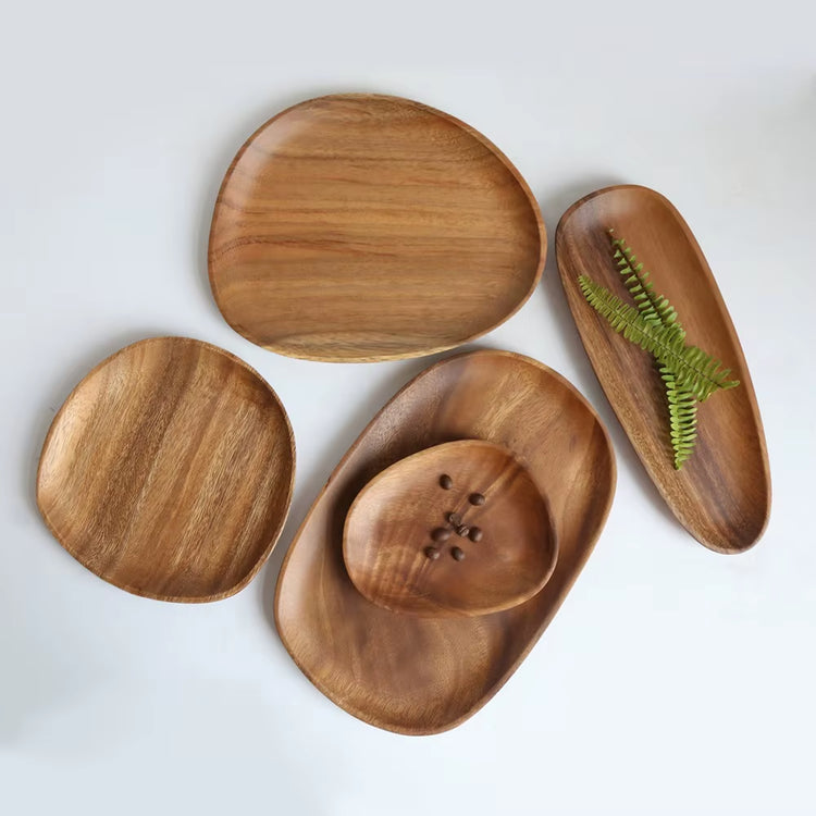 Walnut & Acacia Irregular Oval Solid Wood Dinner Plate Wooden Serving Decorative Tray, for Dishes Snack, Dim Sum, Fruit, Dessert