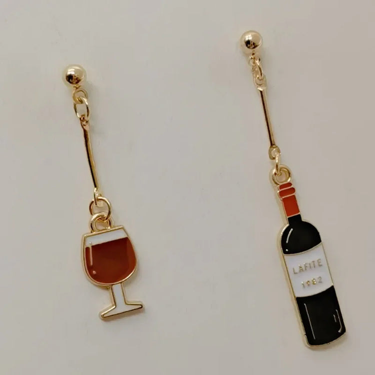 Wine Earrings, Beer Earrings, Handmade Asymmetric Earrings Jewelry Mini Food Jewelry Gifts for Wine and Beer Lovers