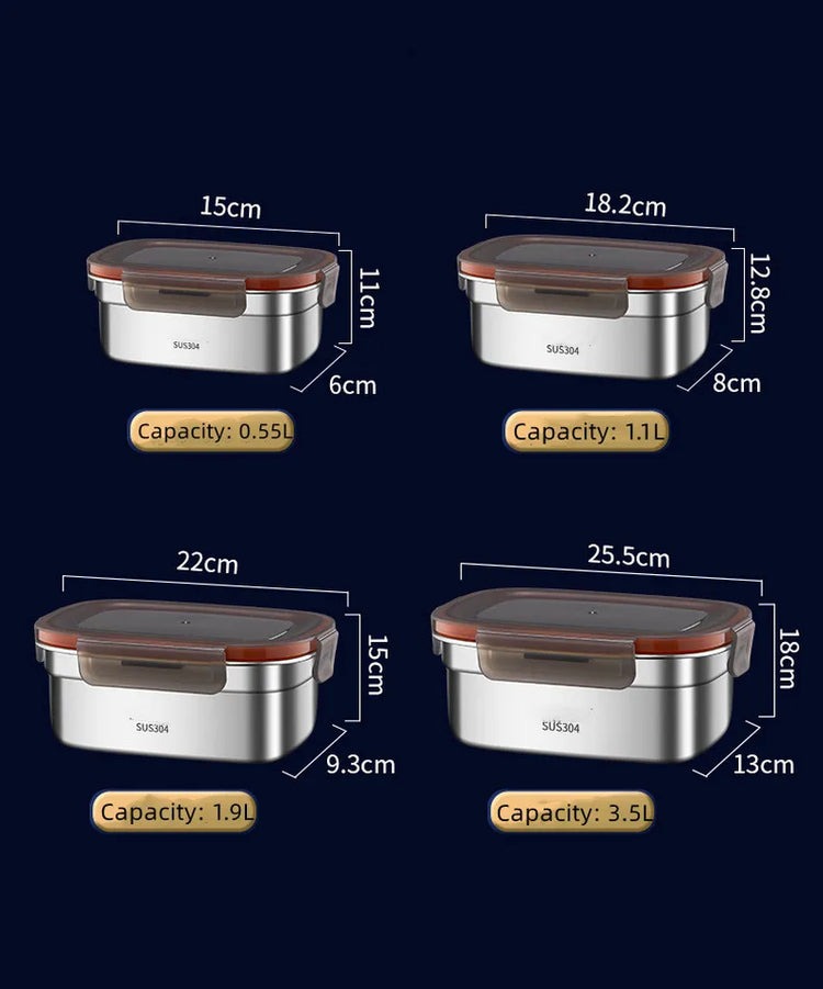 304 Stainless Steel Handle Bento Lunch Box Food Grade Refrigerator Storage Box Household Use Large Capacity Sealed Picnic Box