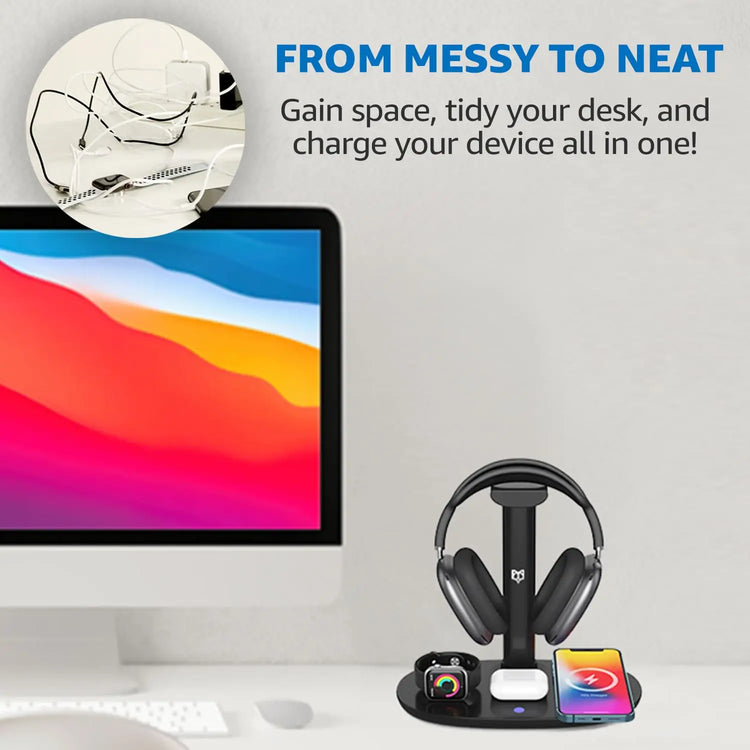 Headphone Stand with 4 in 1 Wireless Charger -Headset Holder & Station Dock for Apple Watch, Airpods Max/Pro/2/ Iphone 15/14/13