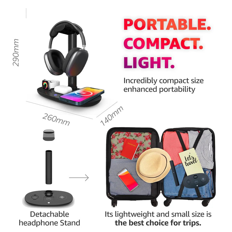 Headphone Stand with 4 in 1 Wireless Charger -Headset Holder & Station Dock for Apple Watch, Airpods Max/Pro/2/ Iphone 15/14/13