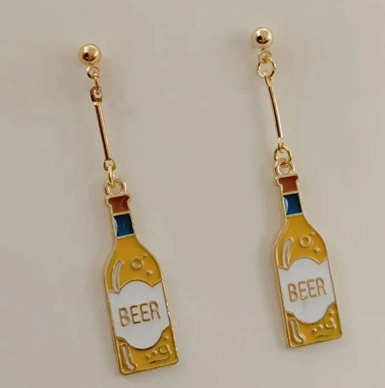 Wine Earrings, Beer Earrings, Handmade Asymmetric Earrings Jewelry Mini Food Jewelry Gifts for Wine and Beer Lovers
