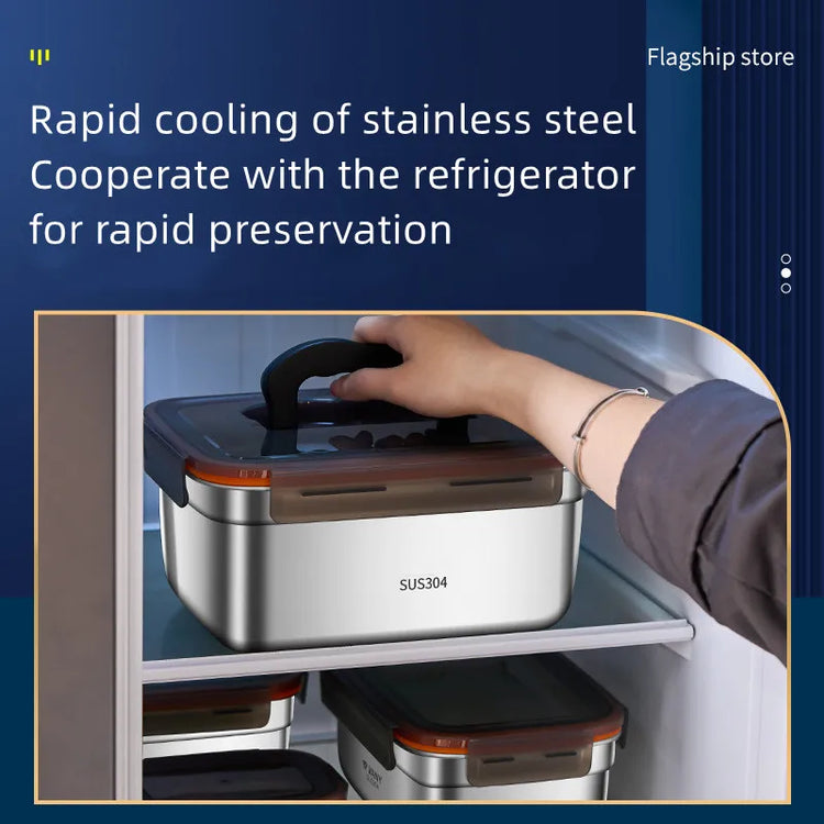 304 Stainless Steel Handle Bento Lunch Box Food Grade Refrigerator Storage Box Household Use Large Capacity Sealed Picnic Box