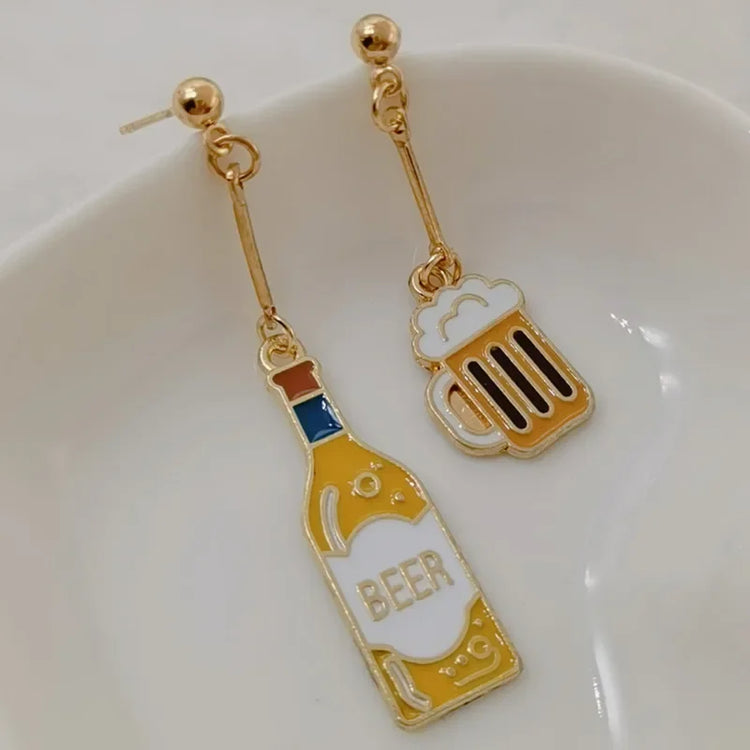 Wine Earrings, Beer Earrings, Handmade Asymmetric Earrings Jewelry Mini Food Jewelry Gifts for Wine and Beer Lovers