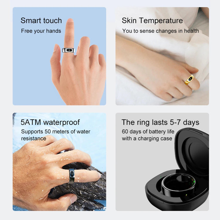 Smart Ring R08 Blood Oxygen Pressure Health Monitor 5ATM Waterproof Health and Sleep Monitor with Charging Case for Phone