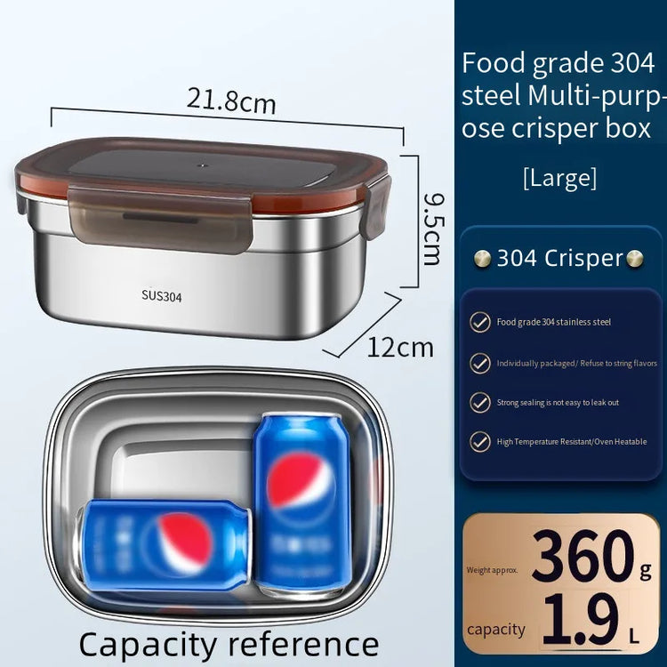 304 Stainless Steel Handle Bento Lunch Box Food Grade Refrigerator Storage Box Household Use Large Capacity Sealed Picnic Box