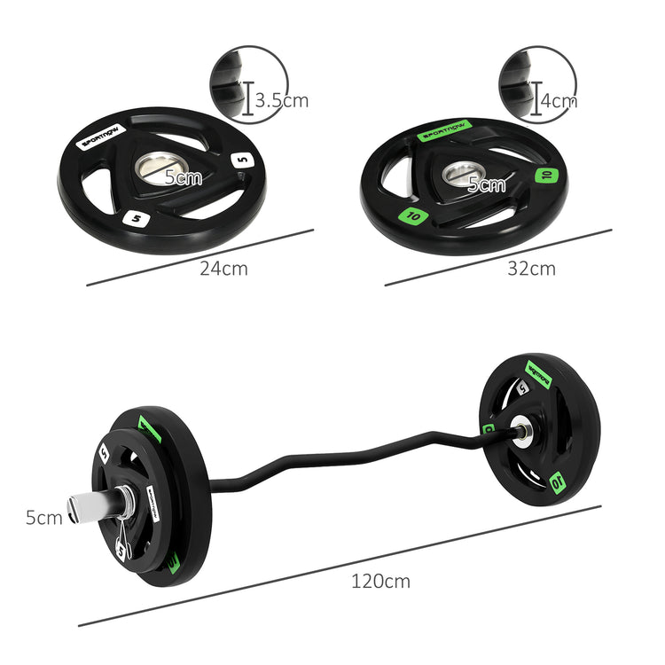 SPORTNOW Olympic EZ Curl Bar with 30kg Weight Plates, Barbell Bar for 5cm Weight Plates with Spring Clips, Home Gym Weight Lifting Bar, 120cm, 38kg-1