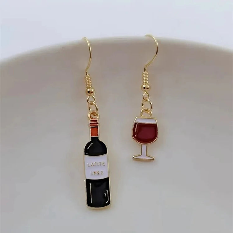 Wine Earrings, Beer Earrings, Handmade Asymmetric Earrings Jewelry Mini Food Jewelry Gifts for Wine and Beer Lovers