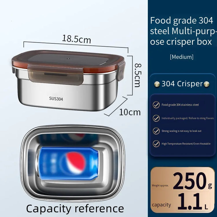 304 Stainless Steel Handle Bento Lunch Box Food Grade Refrigerator Storage Box Household Use Large Capacity Sealed Picnic Box