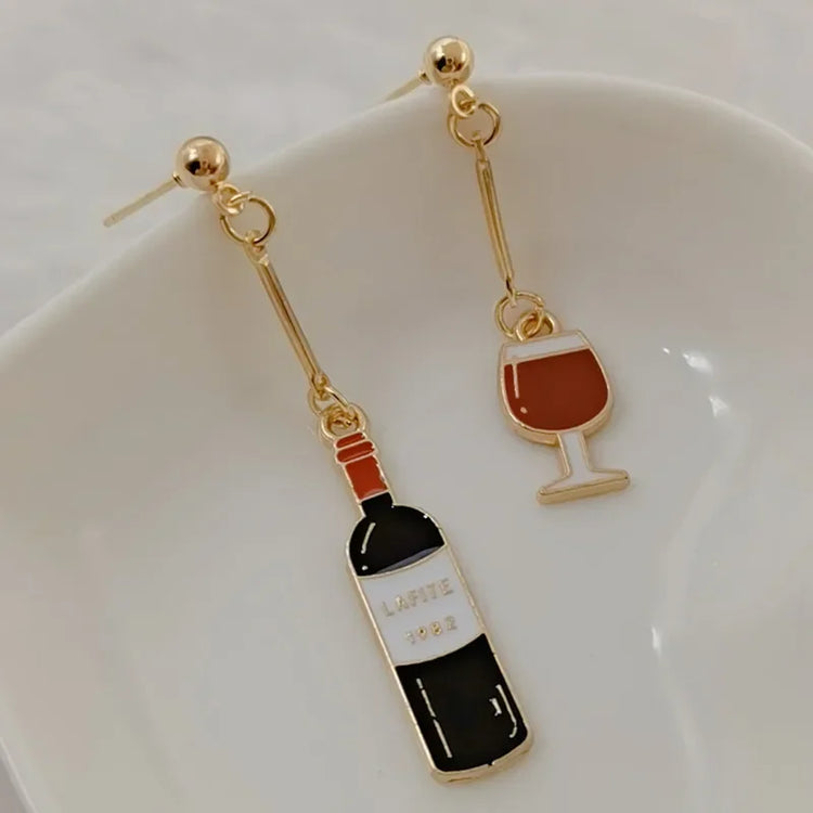 Wine Earrings, Beer Earrings, Handmade Asymmetric Earrings Jewelry Mini Food Jewelry Gifts for Wine and Beer Lovers