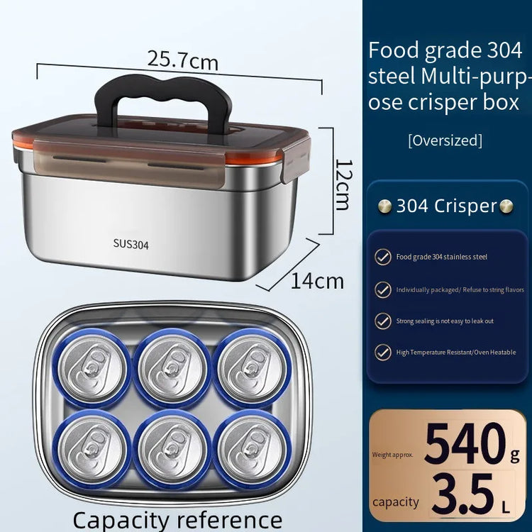 304 Stainless Steel Handle Bento Lunch Box Food Grade Refrigerator Storage Box Household Use Large Capacity Sealed Picnic Box