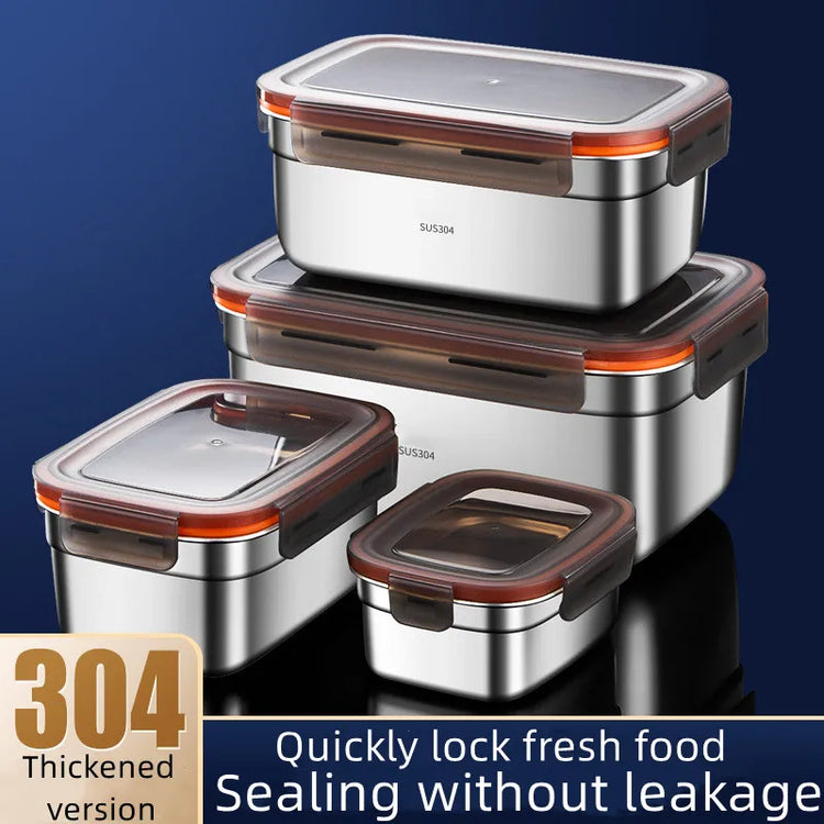 304 Stainless Steel Handle Bento Lunch Box Food Grade Refrigerator Storage Box Household Use Large Capacity Sealed Picnic Box