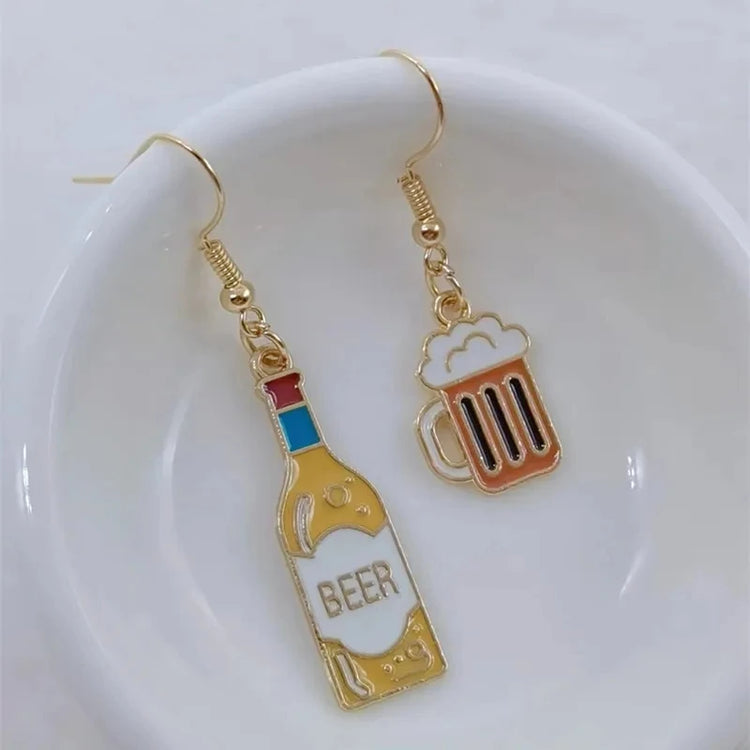 Wine Earrings, Beer Earrings, Handmade Asymmetric Earrings Jewelry Mini Food Jewelry Gifts for Wine and Beer Lovers