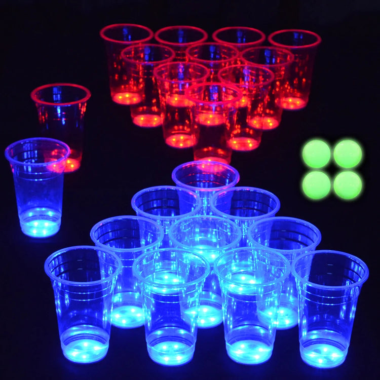 The Dark Beer Pong Set,Beer Pong Party Cup Set, LED Beer Pong Cups and Glow-In-The-Dark Balls,16 Oz,22 Set