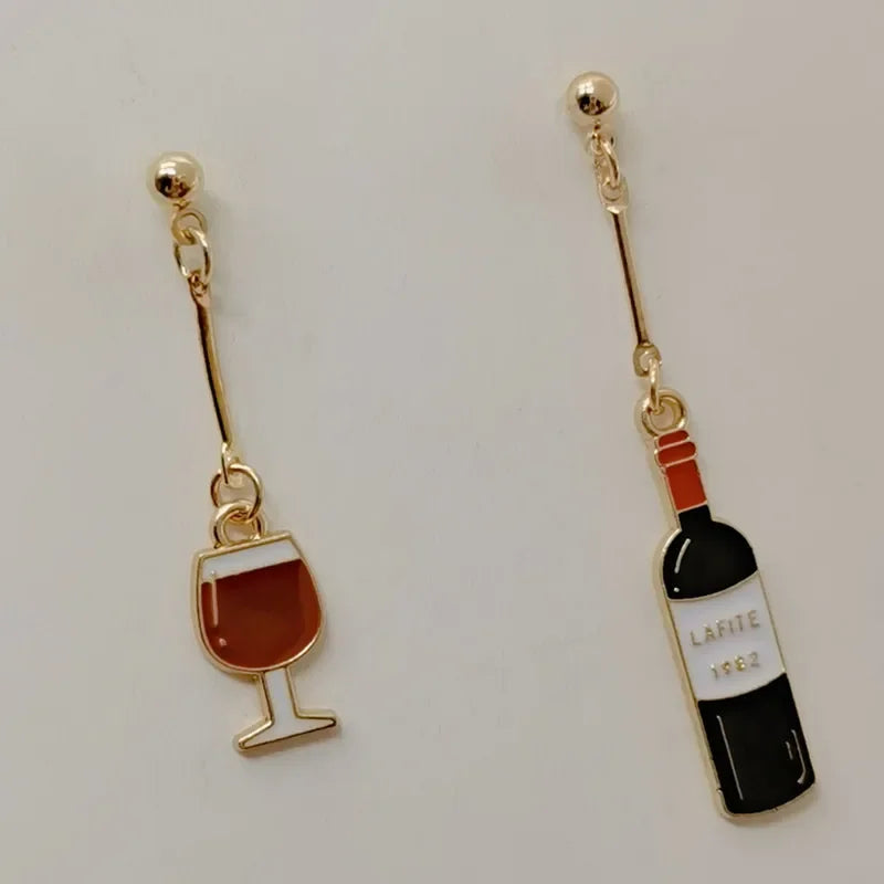 Wine Earrings, Beer Earrings, Handmade Asymmetric Earrings Jewelry Mini Food Jewelry Gifts for Wine and Beer Lovers
