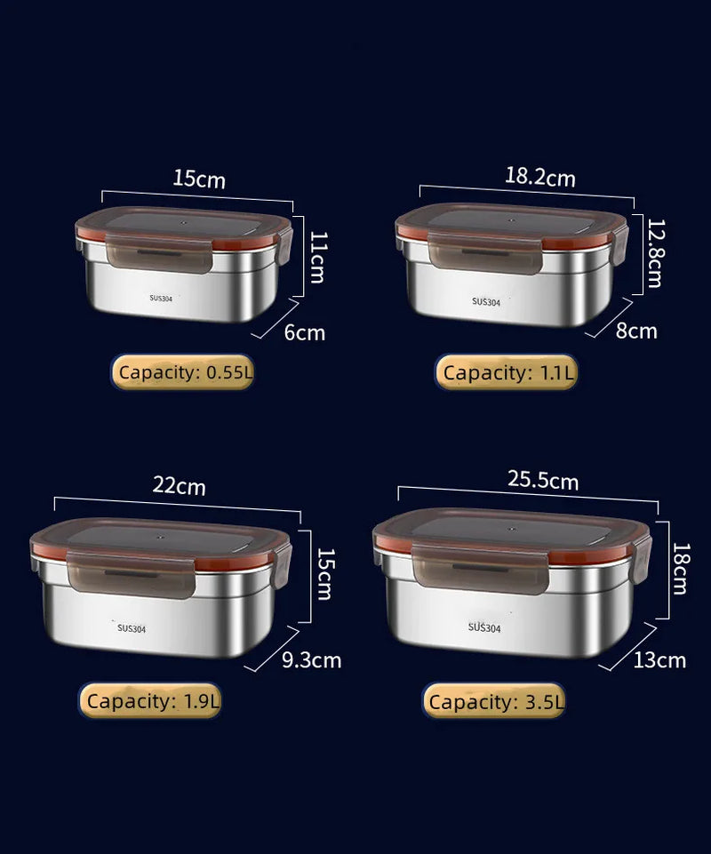 304 Stainless Steel Handle Bento Lunch Box Food Grade Refrigerator Storage Box Household Use Large Capacity Sealed Picnic Box