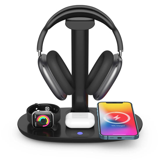 Headphone Stand with 4 in 1 Wireless Charger -Headset Holder & Station Dock for Apple Watch, Airpods Max/Pro/2/ Iphone 15/14/13