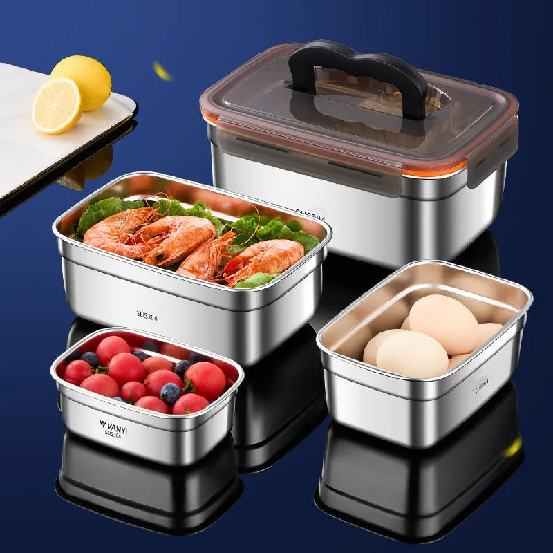 304 Stainless Steel Handle Bento Lunch Box Food Grade Refrigerator Storage Box Household Use Large Capacity Sealed Picnic Box