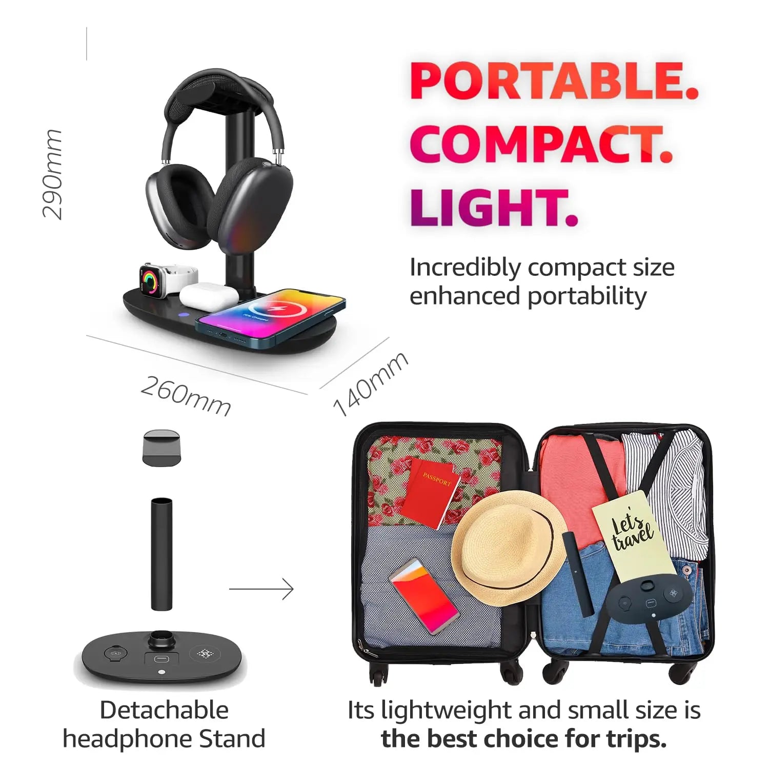 Headphone Stand with 4 in 1 Wireless Charger -Headset Holder & Station Dock for Apple Watch, Airpods Max/Pro/2/ Iphone 15/14/13