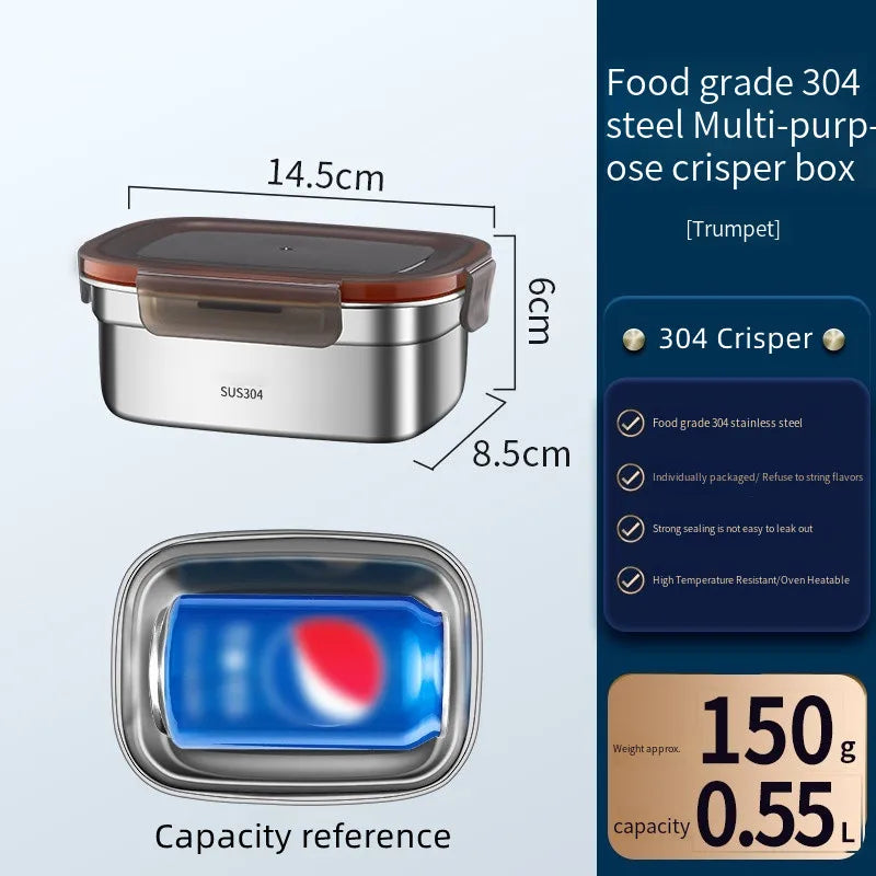 304 Stainless Steel Handle Bento Lunch Box Food Grade Refrigerator Storage Box Household Use Large Capacity Sealed Picnic Box