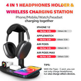 Headphone Stand with 4 in 1 Wireless Charger -Headset Holder & Station Dock for Apple Watch, Airpods Max/Pro/2/ Iphone 15/14/13